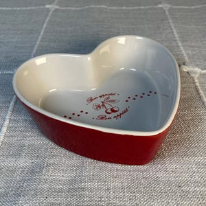 Heart Shaped Ceramic Dish – Red & White Bon Appétit Cherry Design - Trinket Dish Jewelry Tray Ring Dish Snack Bowl