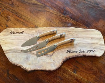Custom olive wood boards and cheese tools