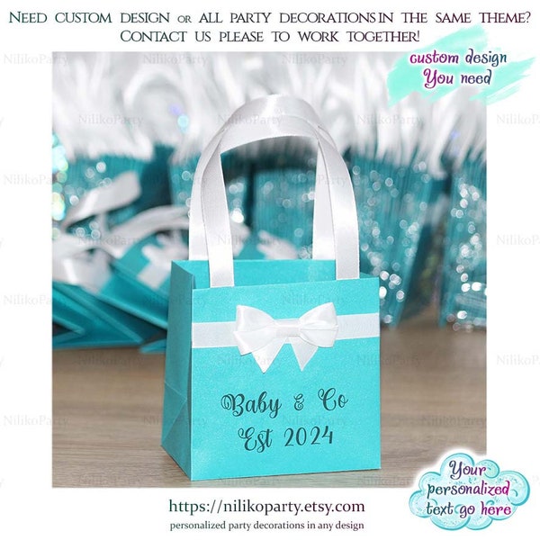 Favors Bags Baby & Co, Aqua Mint Paper Favor Bag White bow Girl gift bag, Turquoise Baby and Co Birthday Bags Personalized Favors Bridal bag