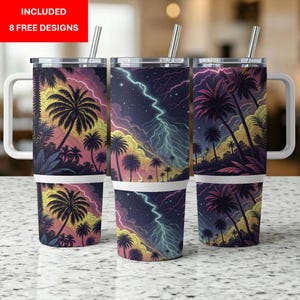 May include: Three stainless steel tumblers with lids and straws. Each tumbler features a different design of a tropical scene with palm trees and lightning bolts against a dark blue sky. The tumblers are all the same size and shape.