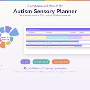 May include: A digital Autism Sensory Planner featuring a sensory profile pie chart, a detailed planning interface with multiple data fields, and text including 'A compassionate planner for Autism Sensory Planner', '14 Tabs', and 'My special interests are my superpowers.'