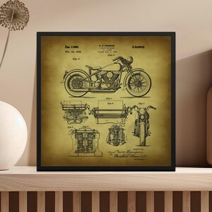 Impresión de patente de motocicleta vintage, plano de motocicleta antigua, decoración de pared de descarga instantánea, arte industrial para el hogar y la oficina.