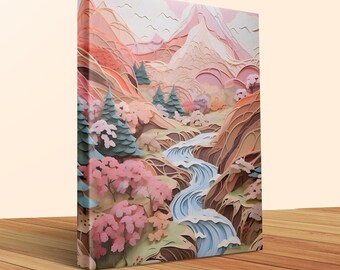 Pastel Mountain Landscape, Paper Art Style Wall Art, Pink Trees and Blue River, Nature Inspired Home Decor