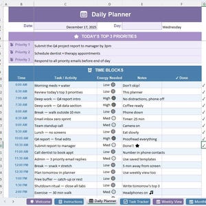 Puede incluir: Plantilla de planificador diario digital con un esquema de color púrpura y blanco. El planificador incluye secciones para prioridades, bloques de tiempo, tareas y notas. La fecha es el 17 de diciembre de 2025.