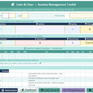 Anxiety Management Toolkit | CBT Thought Record, Mood Tracker (Excel, Google Sheets)