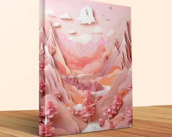 Autumn Landscape Wall Art, Pink Mountain Sunset Paper Art, Large Print Home Decor, Nature Inspired Living Room Artwork