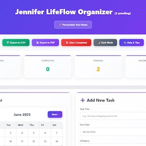 Op de afbeelding: Een digitale organizer interface genaamd "Jennifer LifeFlow Organizer" met een paars en wit kleurenschema. De interface toont taakbeheerfuncties, waaronder een kalender voor juni 2025 en opties om gegevens te exporteren.