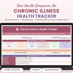 May include: A digital health tracker interface displayed on a laptop screen titled Chronic Illness Health Tracker. It features sections for tracking symptoms, energy levels, pain, sleep, and medication, with fields for name, condition, and 13 navigation tabs.