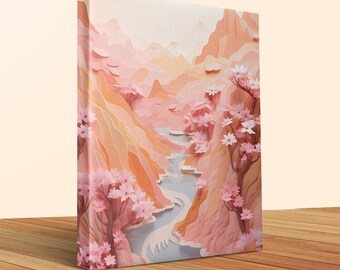 Autumn Blossom River Landscape, Peach Pink Wall Art, Cherry Blossom Decor