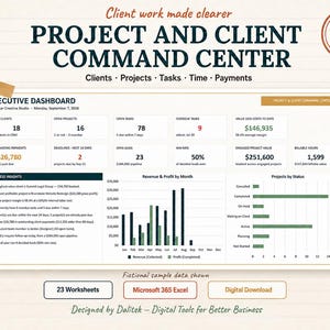 May include: A digital Project and Client Command Center dashboard template for Microsoft 365 Excel. The interface displays an executive dashboard with metrics for active clients, projects, tasks, revenue, and profit, featuring bar charts and status lists.