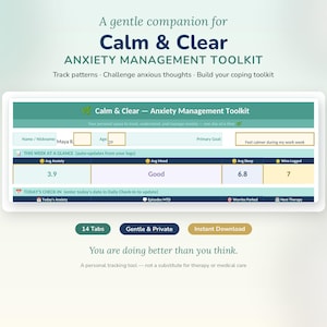Peut inclure: Un tableau de bord numérique Calm & Clear Anxiety Management Toolkit avec une interface de suivi comprenant des champs pour le nom, l'âge et les objectifs. La mise en page inclut un tableau récapitulatif hebdomadaire et une section de suivi quotidien.