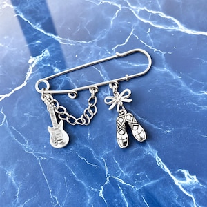 Silver Safety Pin Brooch with Double Chain & Cross Charm – Punk Rock Goth Aesthetic Pin, Metal Jacket Accessory