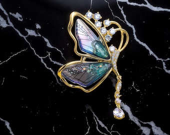 Iridescent Butterfly Brooch: Fairycore Rhinestone & Pearl Pin