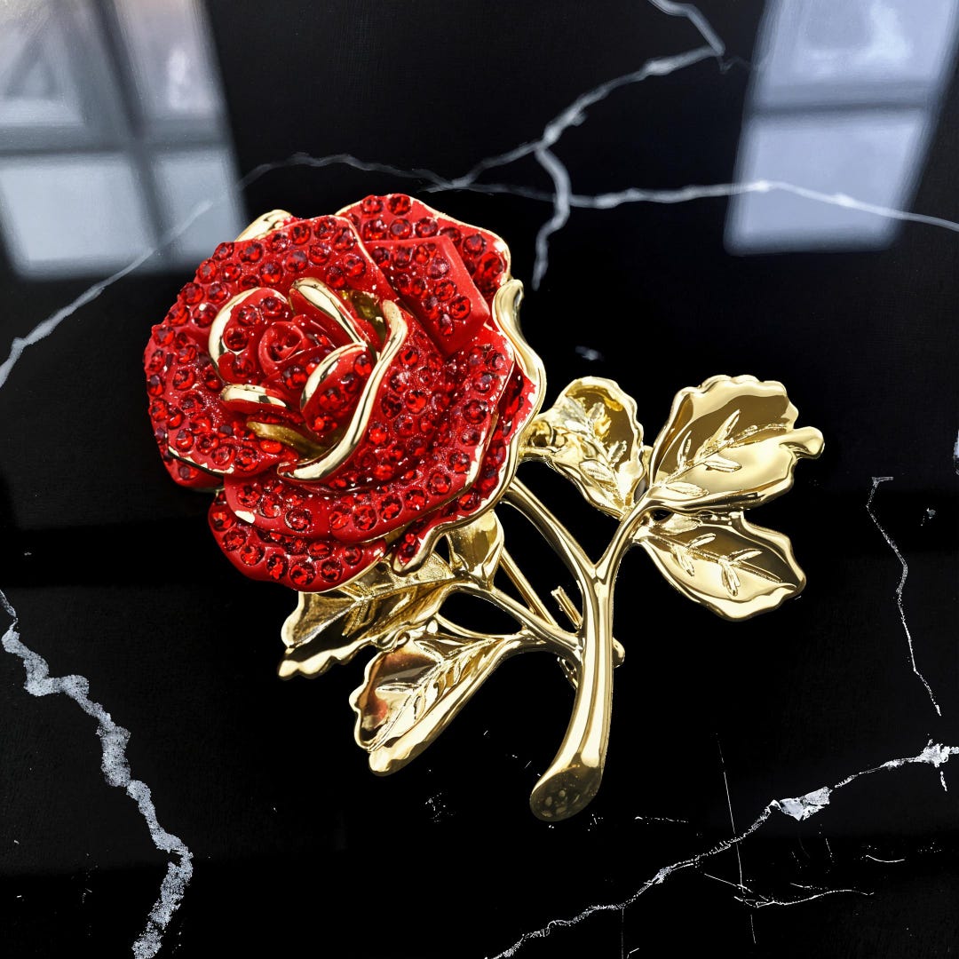 Rinestone Roses Red Rhinestone Rose Brooch: Gold Floral Pin, Romantic Jewelry - Etsy