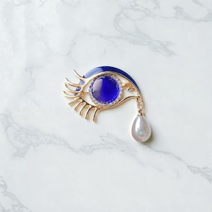 Blue Evil Eye Brooch Pin, Teardrop Pearl Eye Brooch, Enamel Crystal Eyelash Pin, Gold Eyeball Statement Jewelry, Unique Eye Lapel Pin Gift