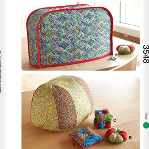 May include: Sewing pattern number 3548 for a sewing machine cover, sewing pillow, and pin cushions. The pattern includes instructions for making a cover for a sewing machine, a pillow, and three pin cushions. The pin cushions are in different colours and patterns. The pattern is from Kwik Sew.