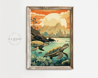 Vintage Hawaii Wall Art,  Sea Turtle art prints, framed art print, Tropical wall art, Gallery Wall Art Prints, Hawaii art