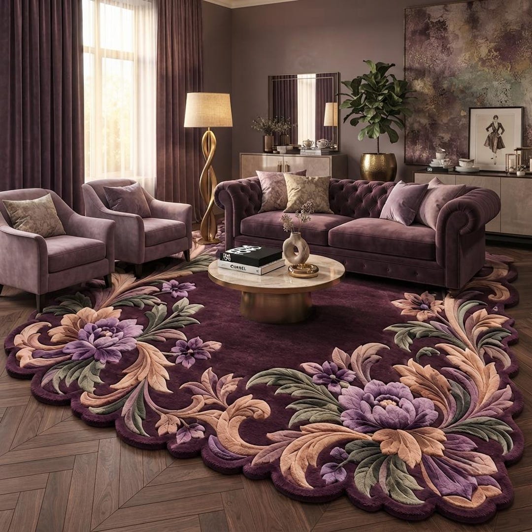 Hand Tufted Wool Floral Rug, Plum Purple Lavender Botanical Carpet ...