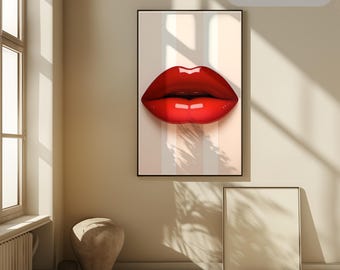 Modern Pop Art Red Lips Print | Bold Glam Minimalist Decor | Fashion Illustration Digital Download