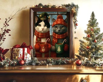 Christmas Cat Wall Art, Cozy Winter Print, Holiday Decor, Digital Download, Animal Lovers Gift