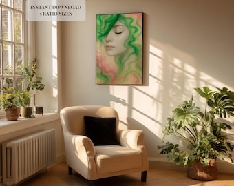 Portrait de femme éthéré : art pastel aux cheveux verts flottants (téléchargement numérique)