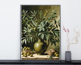 Vintage Olive Branch Print | Botanical Mediterranean Farmhouse Wall Art Download