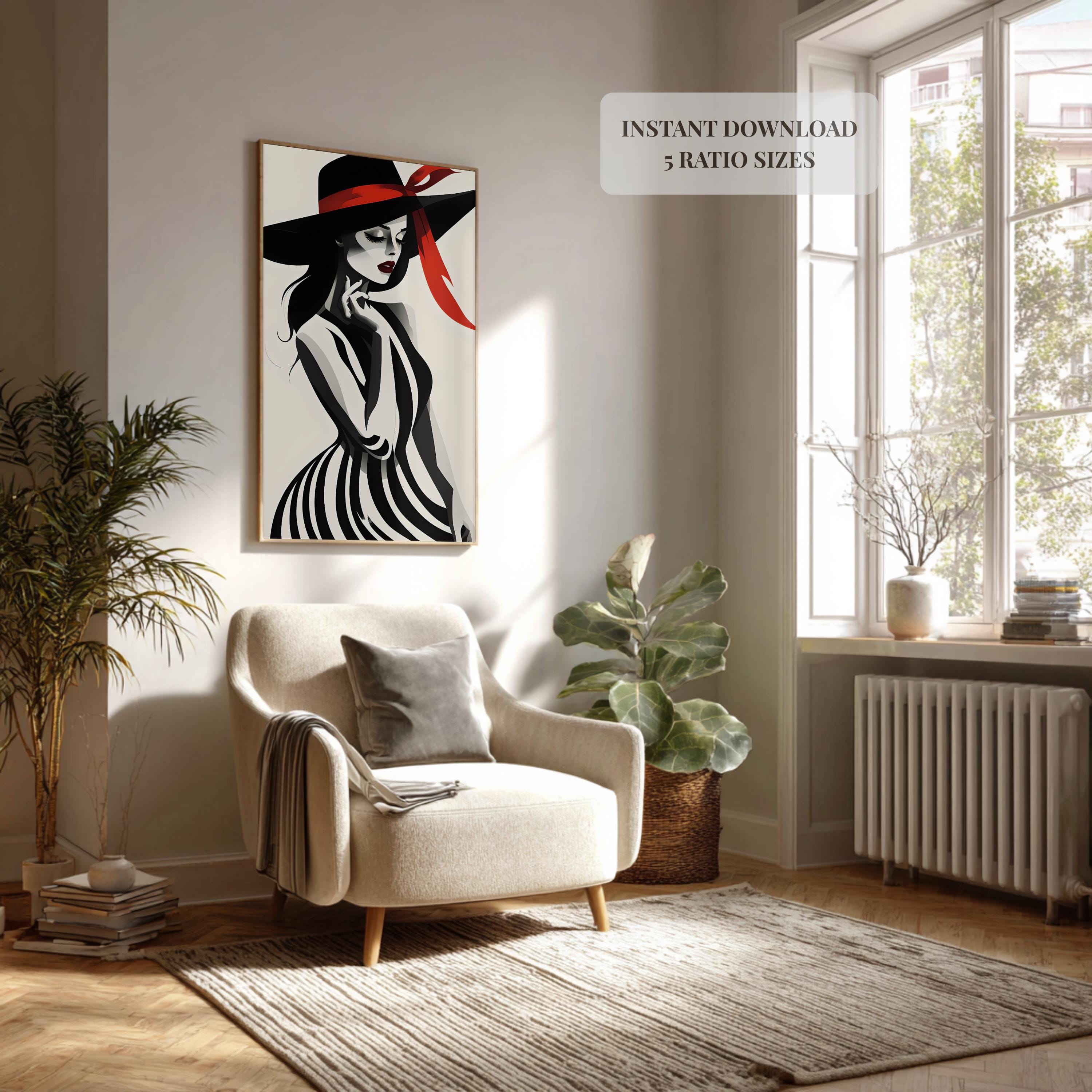 Glam Fashion Illustration Art Print – Woman in Red Hat (digital ...