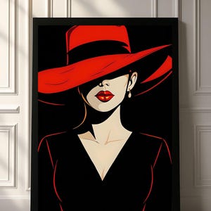 Konsttryck med kvinna i röd hatt, Diva-illustration (digital nedladdning)