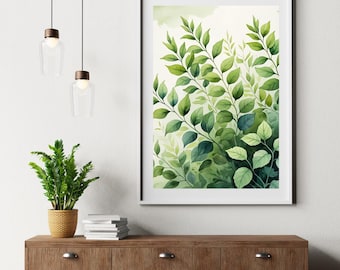 Botanical Watercolor Leaf Print | Sage Green Minimalist Wall Art | Digital Download