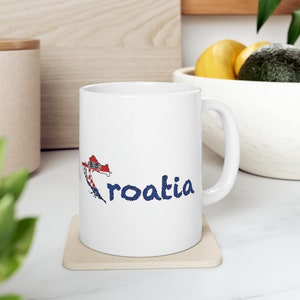 Croatian Coastline Mug (11oz) with Blue Text, Cute Coastline Design, Durable Ceramic Coffee Mug, Cultural Croatian Souvenir