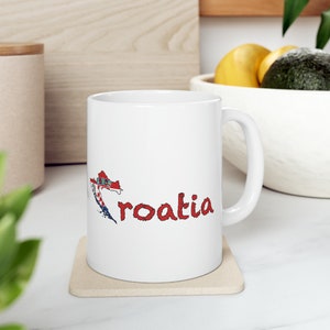 Croatian Coastline Mug (11oz) with Red Text, Cute Coastline Design, Durable Ceramic Coffee Mug, Cultural Croatian Souvenir