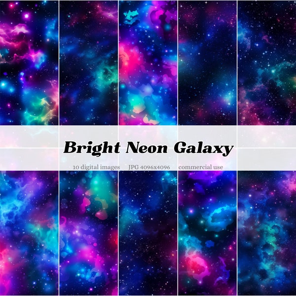 Bright Neon Starry Galaxy Digital Paper | Overlay Clipart Backgrounds | outer space textures night sky | instant download | commercial use