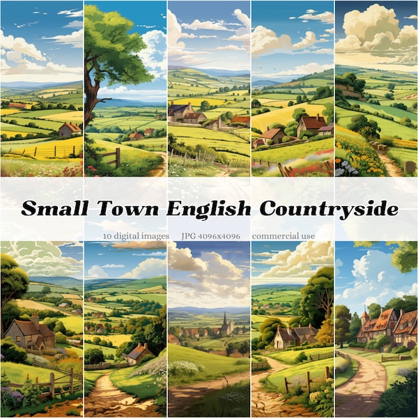 Small Town English Countryside Digital Art | Small Town Seasons Weather | Overlay Clipart Background Art | instant download commercial use