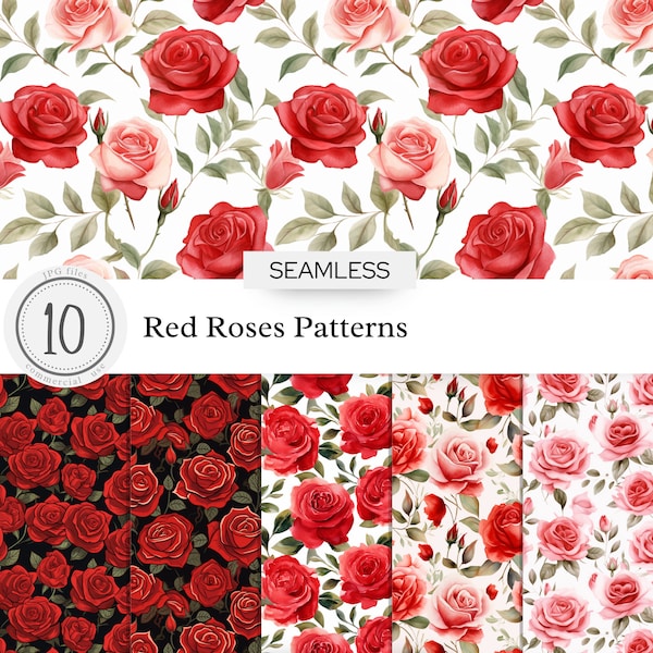Red Roses Seamless Patterns Tile | Red Rose Pastel | Textures Digital Paper Overlay Clipart Backgrounds Fabrics Printable | commercial use