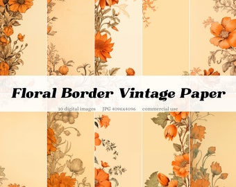Papel vintage con bordes florales naranjas / Tema de flores de papel digital antiguo / Textura de superposición / Diario de álbum de recortes imprimible / uso comercial
