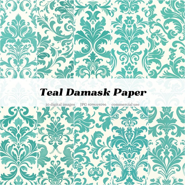 Light Teal Damask Paper Textures | Blue Green Bright Pastel | Digital Overlay Clipart Print Journal Scrapbook Background | commercial use