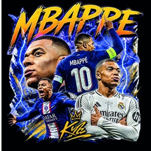 Design bootleg di Mbappé in formato PNG, design digitale per maglietta, download immediato
