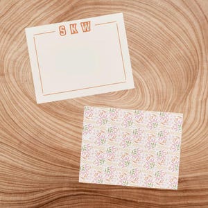 Könnte beinhalten: Zwei leere Karten auf einem Holzmaserungshintergrund. Die obere Karte hat die Buchstaben "SKW" in Orange auf weißem Hintergrund gedruckt. Die untere Karte hat ein Blumenmuster mit rosa, orange und grünen Blumen auf weißem Hintergrund.