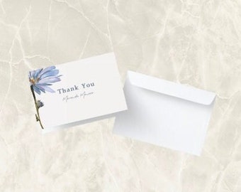 Blue Daisy Thank You Card, Personalized with Name, Folded Card (Landscape), Template Instant Download