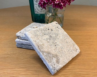 Tumbled Stone Coaster Set with Natural Variations: Silver Travertine Stone
