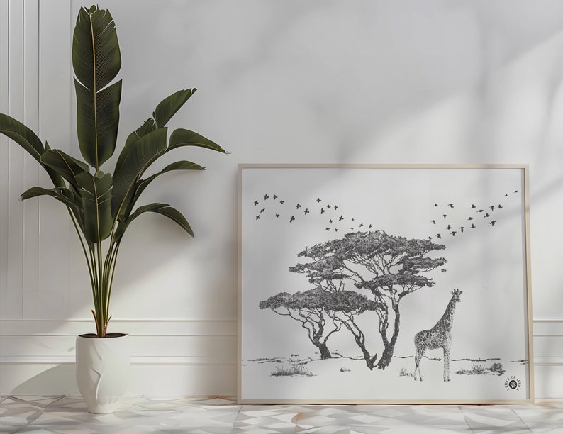 African Wildlife Wall Art Print Giraffe Graphite Pencil Art Sketch