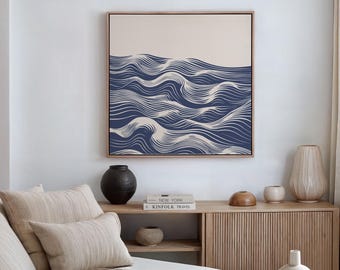 Abstract blue wave line art print | minimalist modern ocean lines poster | Digital download