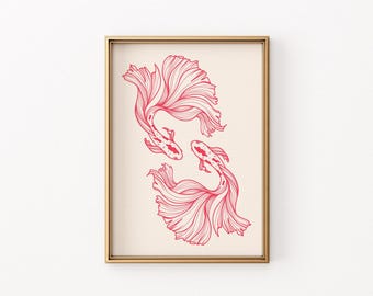 鯉のラインアートプリント：日本の赤い鯉のイラストを使った壁飾り（デジタルダウンロード）