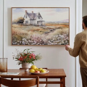 Vintage Farmhouse Wildflower Field Painting: Rustic Landscape Wall Art (Digital Download)