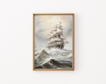 Vintage Sailing Ship Art Print: Stormy Seas Nautical Seascape (Digital Download)