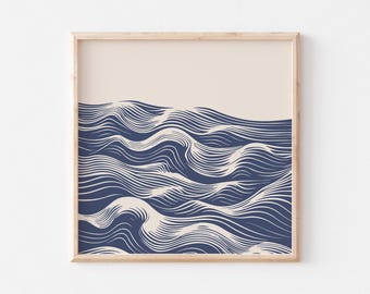 Abstract blue wave line art print, minimalist modern ocean lines poster (Digital download)