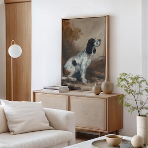 Vintage Dog Painting Antique Cavalier Spaniel Portrait Farmhouse Vintage Art Print Dog Lover Oil Painting Moody Animal Digital Prints