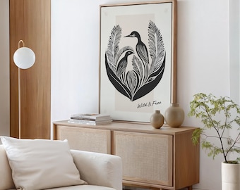 Minimalistiskt fågellinolsnitt: Väggkonst med blommig trana (PDF)