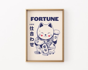 Impresión artística del gato de la suerte japonés Maneki Neko (descarga digital)