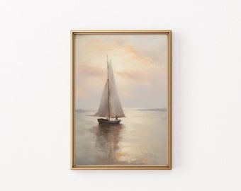 Arte digital de paisaje marino con velero, atardecer en el océano, decoración de pared náutica